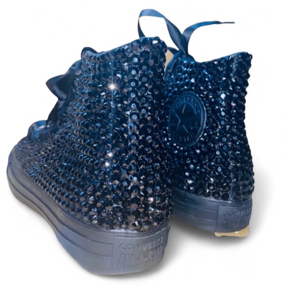 Jet Black Crystal High Top Converse Sizes 5-14 New In Box With Ribbon Laces - Picture 5 of 14